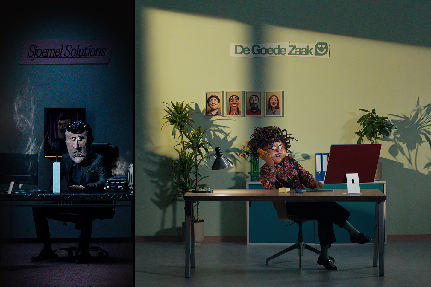 Campagnebeeld Wtta: twee personages aan een bureau, links een man in een donkere kantooromgeving en rechts een vrouw in een lichte kantooromgeving. De vrouw rechts doet het goed. De man links werkt niet volgens de regels. 