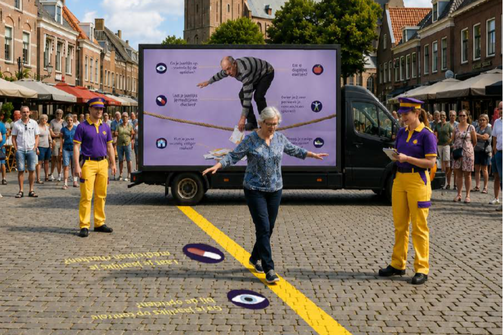 Een vrouw balanceert op een gele lijn op straat, begeleid door twee mensen van de Ik Sta Sterk Brigade.